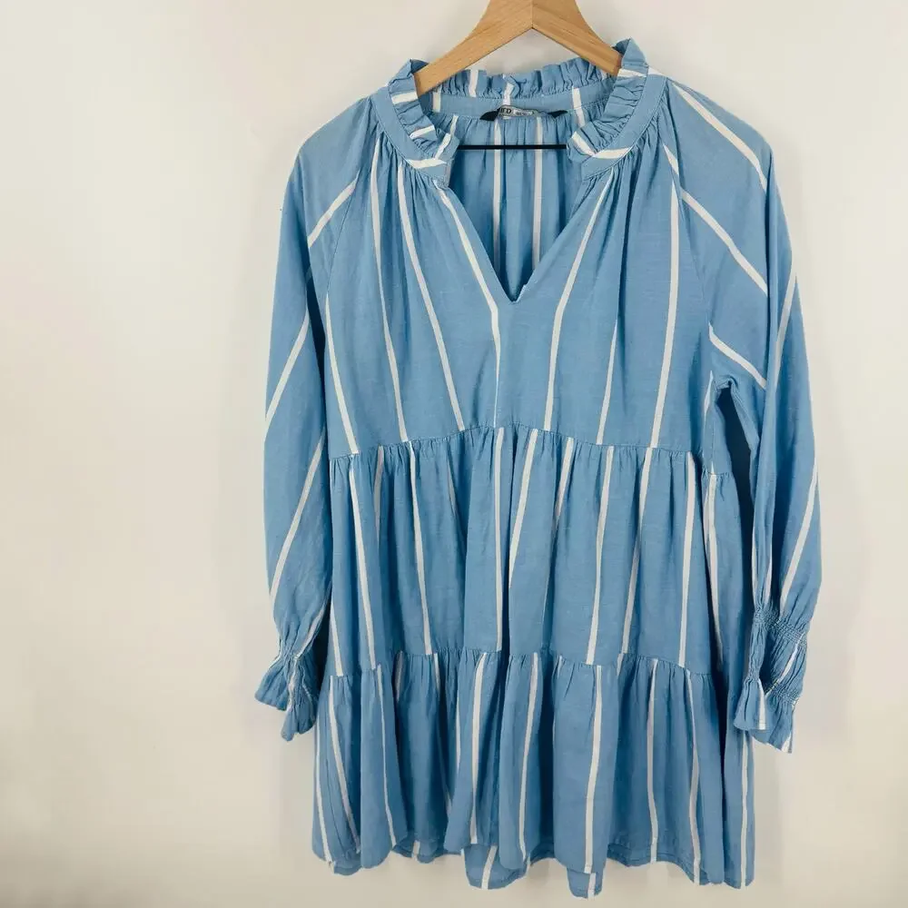 Wild Pony‎ Tiered Babydoll Mini Dress Blue White Stripe Cotton Size S Small